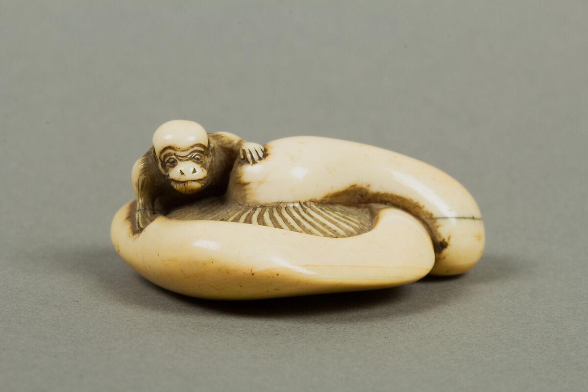 Netsuke of Monkey on a Mushroom, Ivory, Japan 