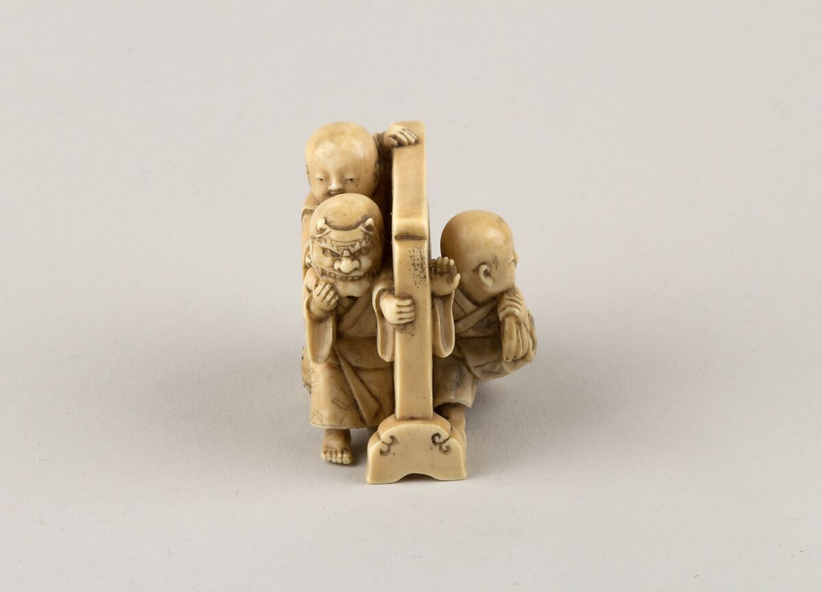 Netsuke of Three Boys Playing around a Screen, Ivory, Japan