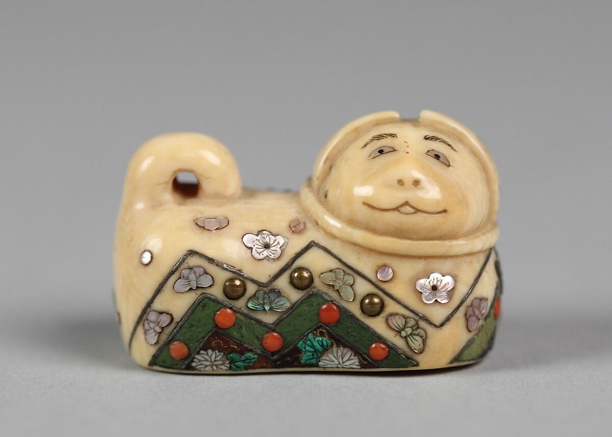 Dog Amulet (Inu Hariko), Shitayama, Ivory inlaid with mother-of-pearl, metal and cloisonné, Japan 