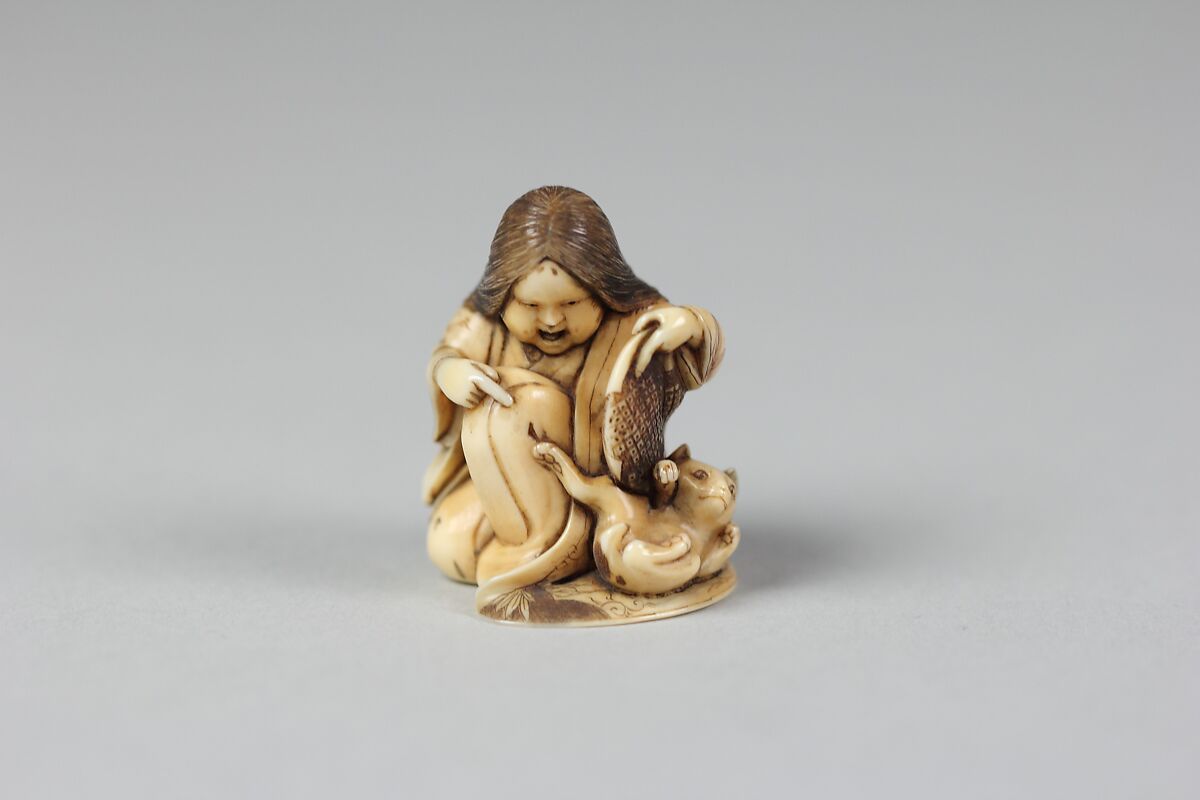 Netsuke of Girl Playing with a Cat, Ivory, Japan 