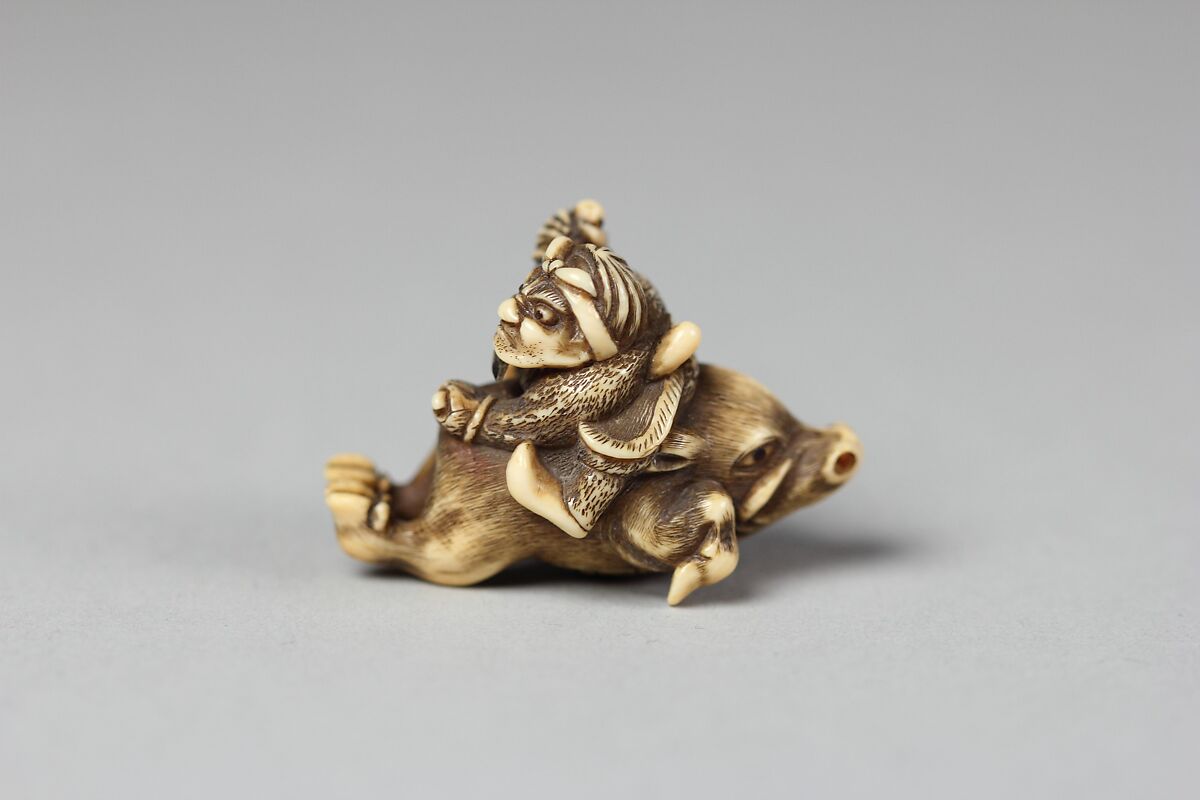 Netsuke of Tadatsune Slaying the Wild Boar, Ivory, Japan