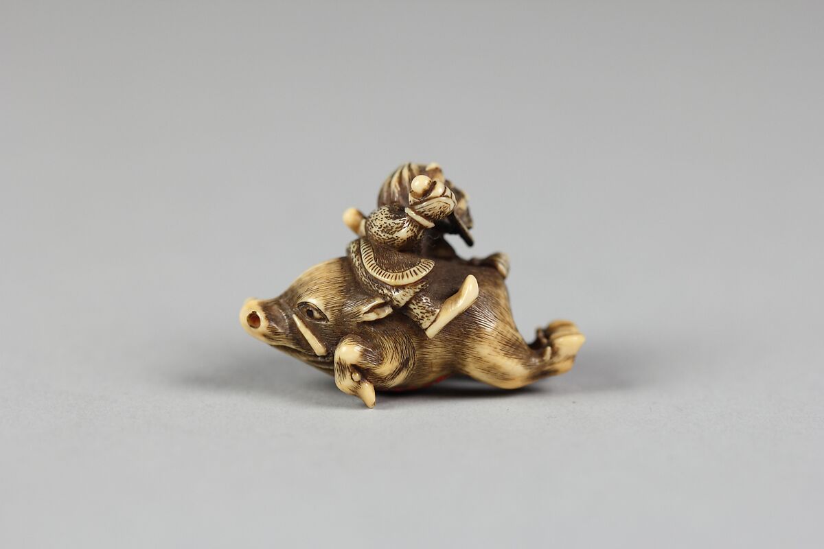 Netsuke of Tadatsune Slaying the Wild Boar, Ivory, Japan 