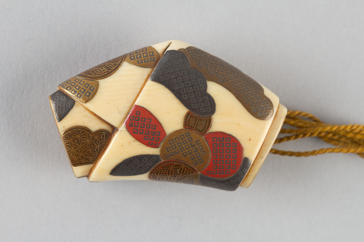 Netusuke in the Shape of a Knotted Letter, with Problems Written on and Tied to Branches, Ivory decorated with lacquer, Japan 