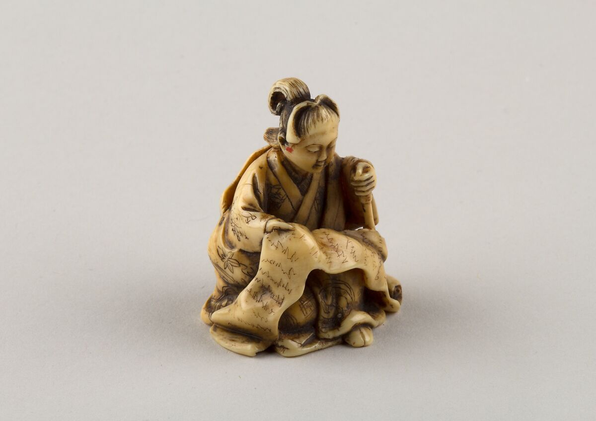 Netsuke of Woman Reading from a Scroll, Ivory, Japan
