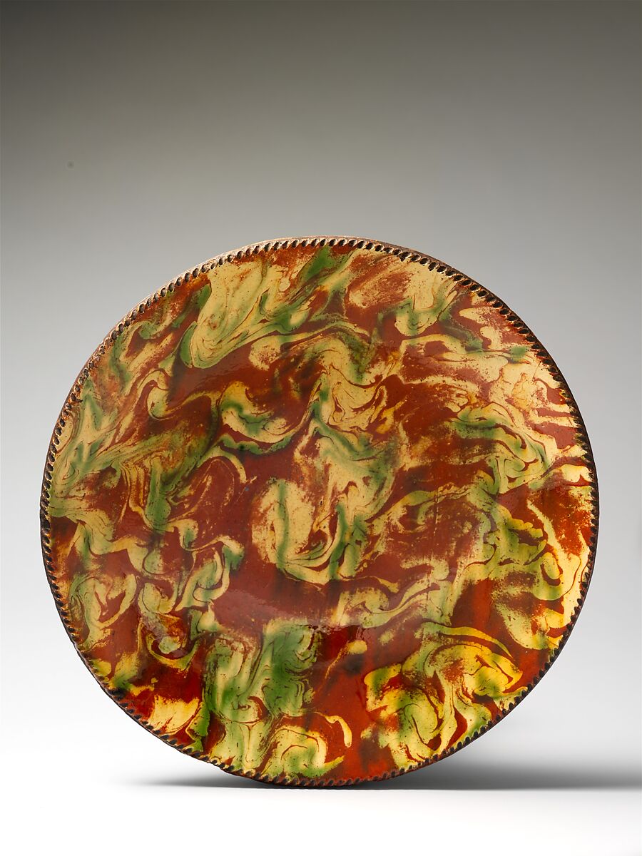 Plate, Earthenware; Redware with slip decoration, American 
