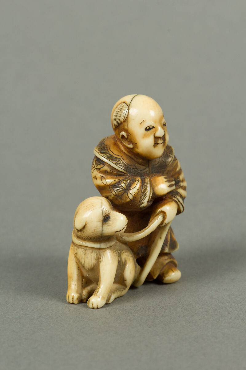 Netsuke of Boy with a Dog, Ivory, Japan
