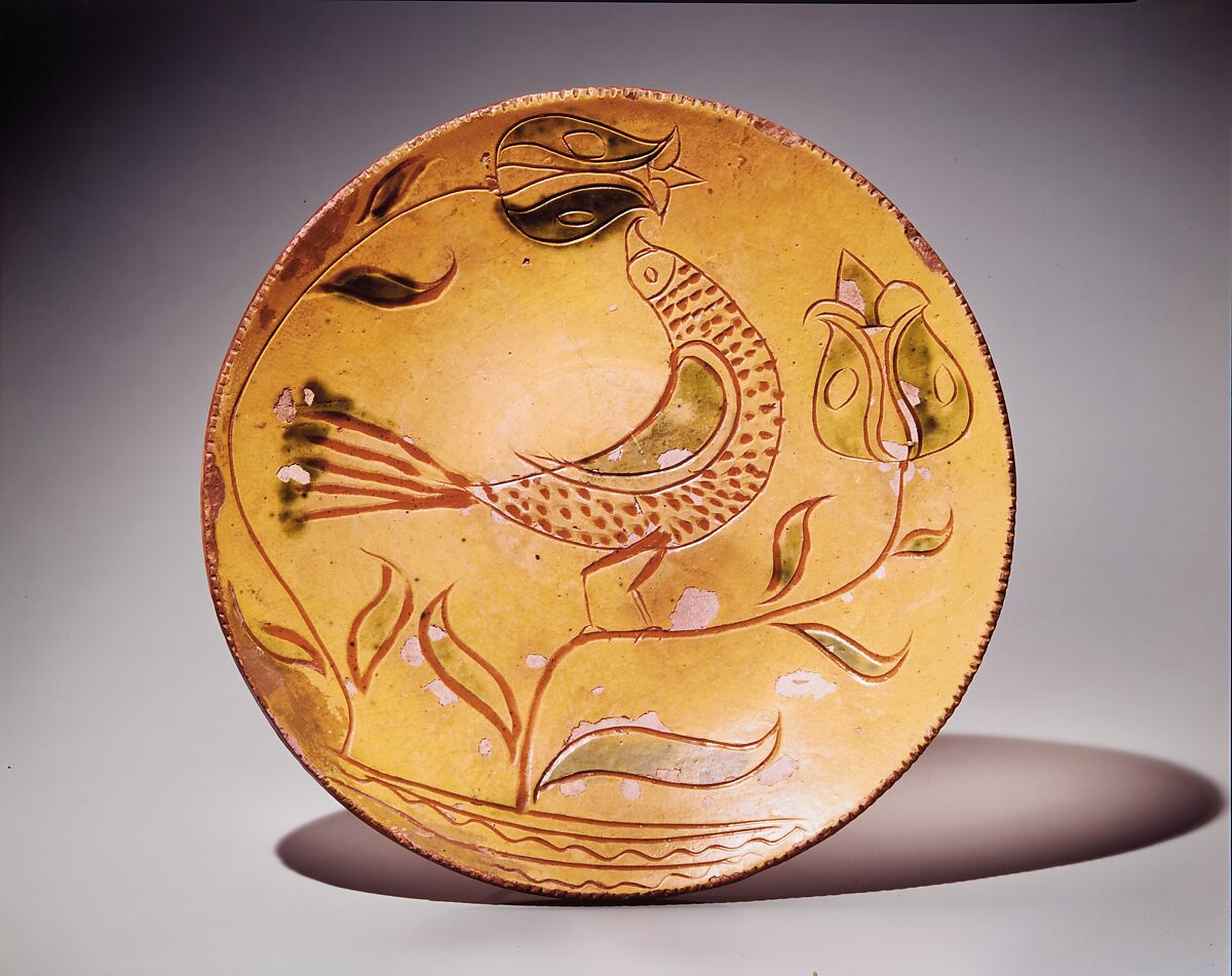 Plate, Earthenware; Redware with sgraffito decoration, American