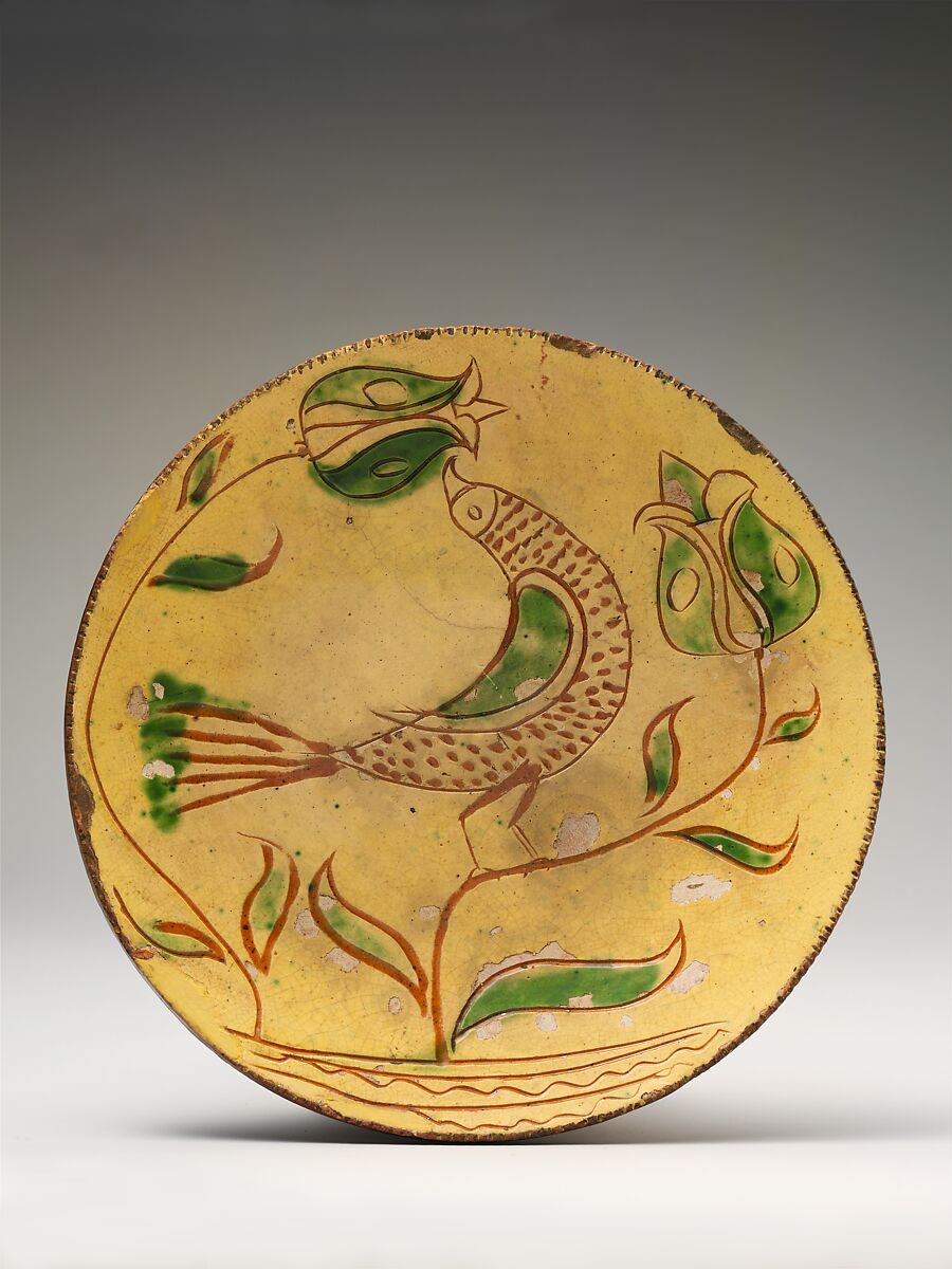 Plate, Earthenware; Redware with sgraffito decoration, American 