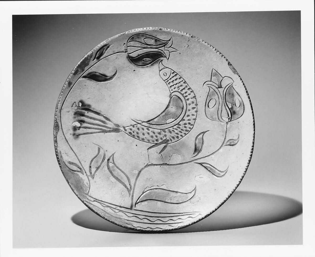 Plate, Earthenware; Redware with sgraffito decoration, American