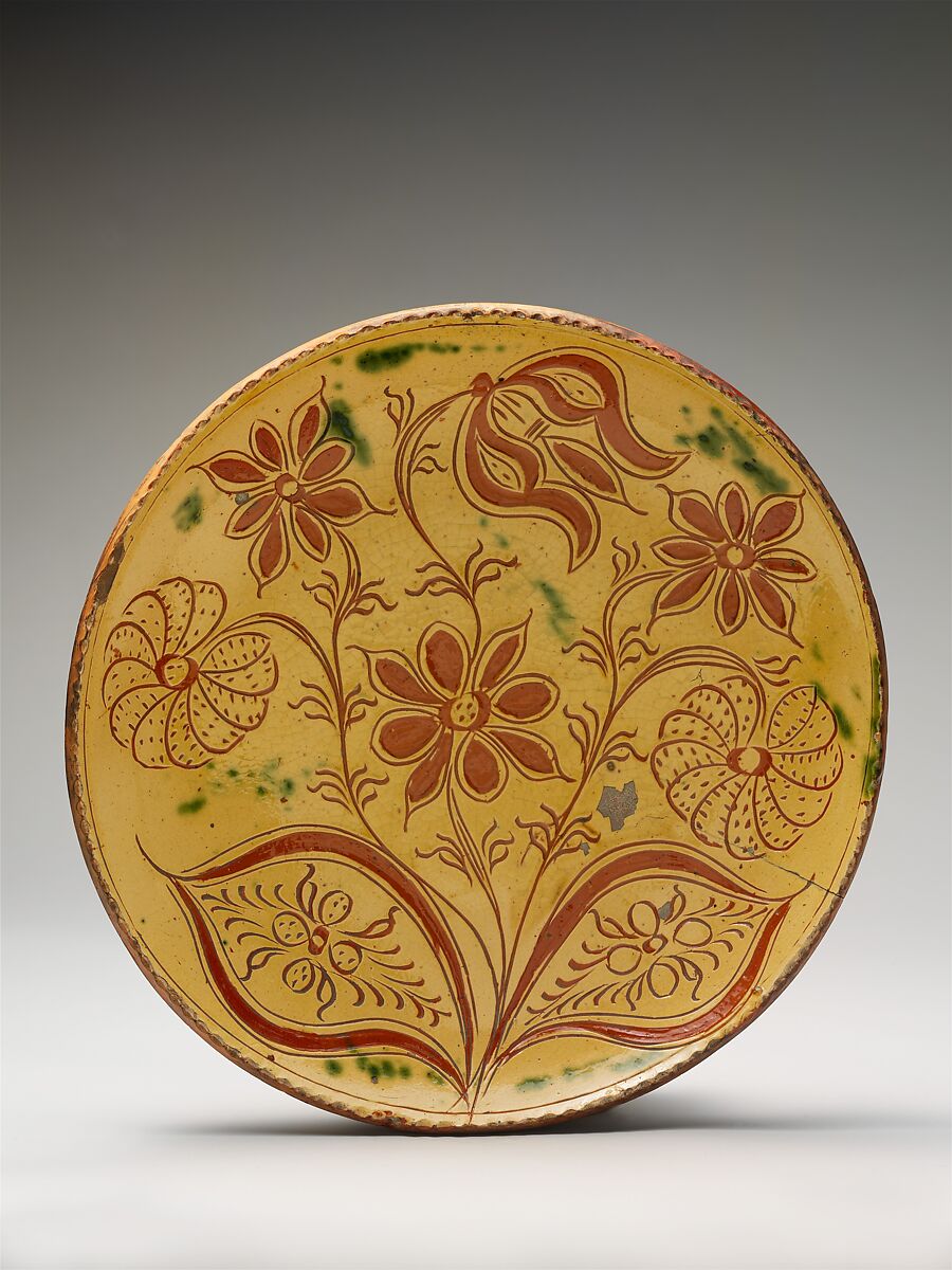 Plate, Possibly Conrad Mumbouer (1761–1845), Earthenware; Redware with sgraffito decoration, American 