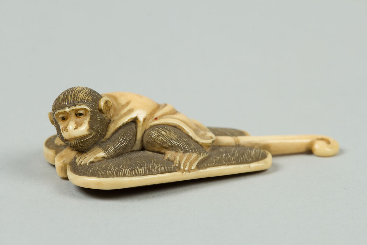 Netsuke of Monkey on a Bamboo Fan, Ivory, Japan 