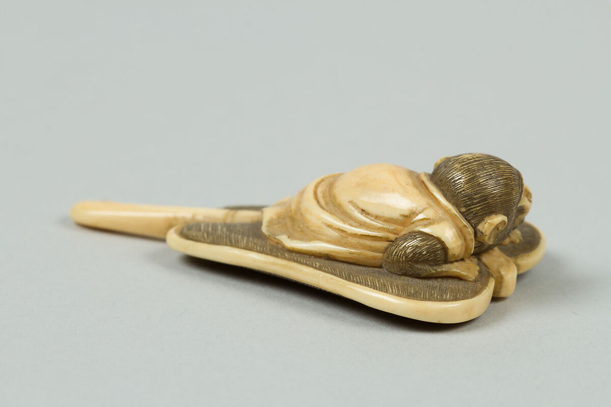 Netsuke of Monkey on a Bamboo Fan, Ivory, Japan