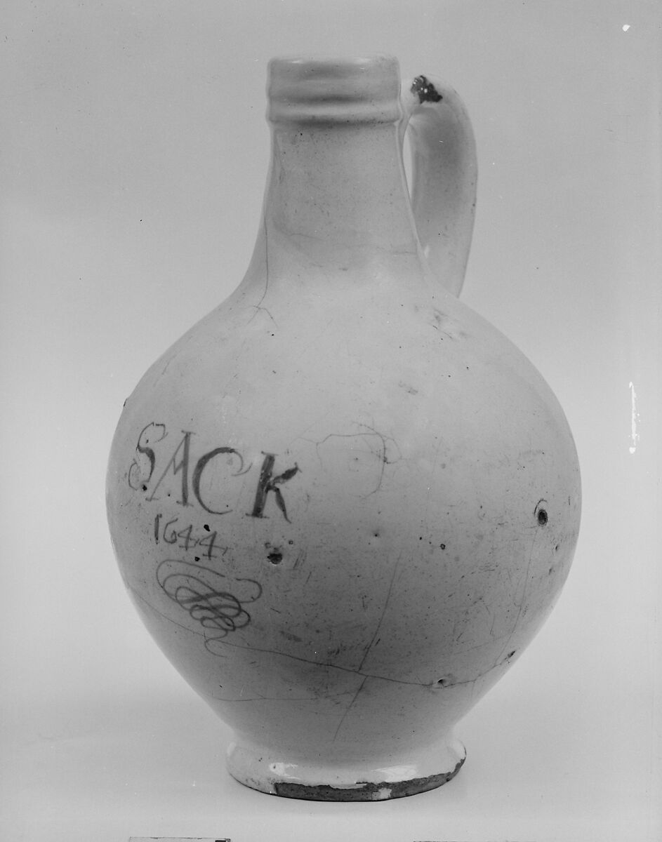 Sack bottle, Lambeth Factories, Tin-enameled earthenware, British 