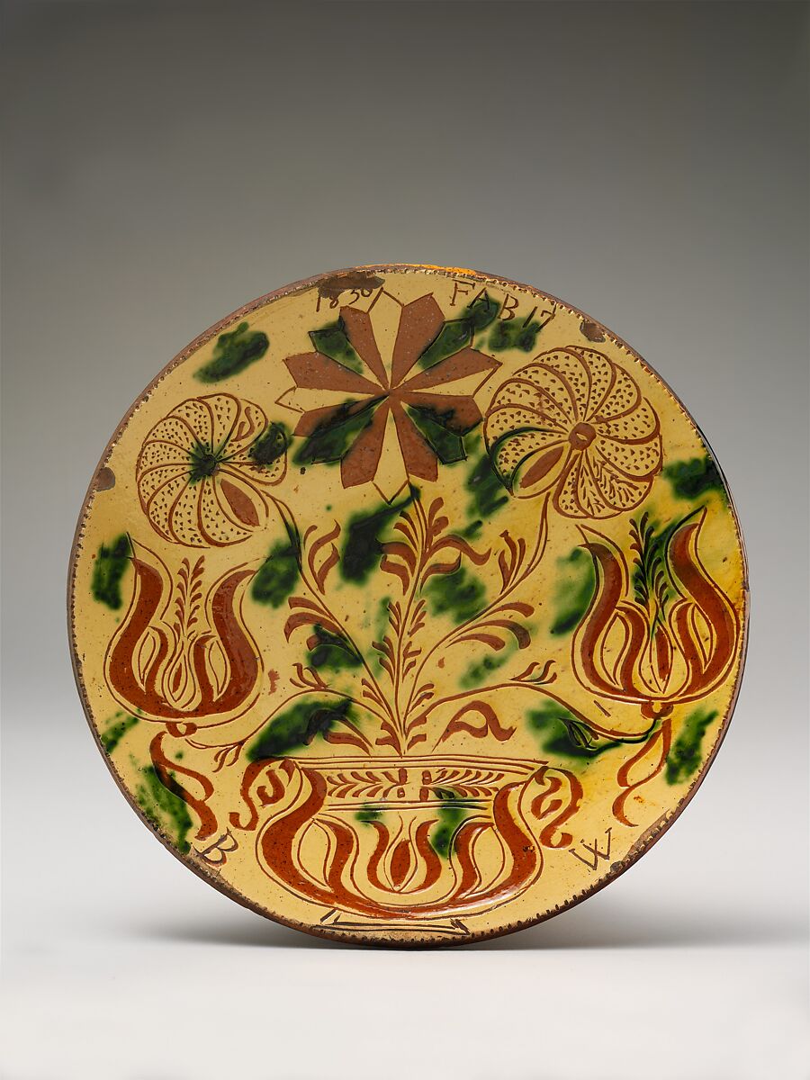 Plate, John Monday (1809–1862), Earthenware; Redware with sgraffito decoration, American 