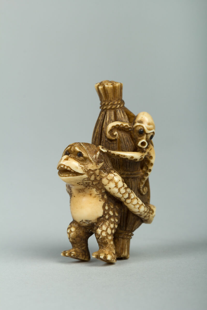 Netsuke of Monkey Carrying an Octopus Bound in Bamboo on His Back, Ivory, Japan