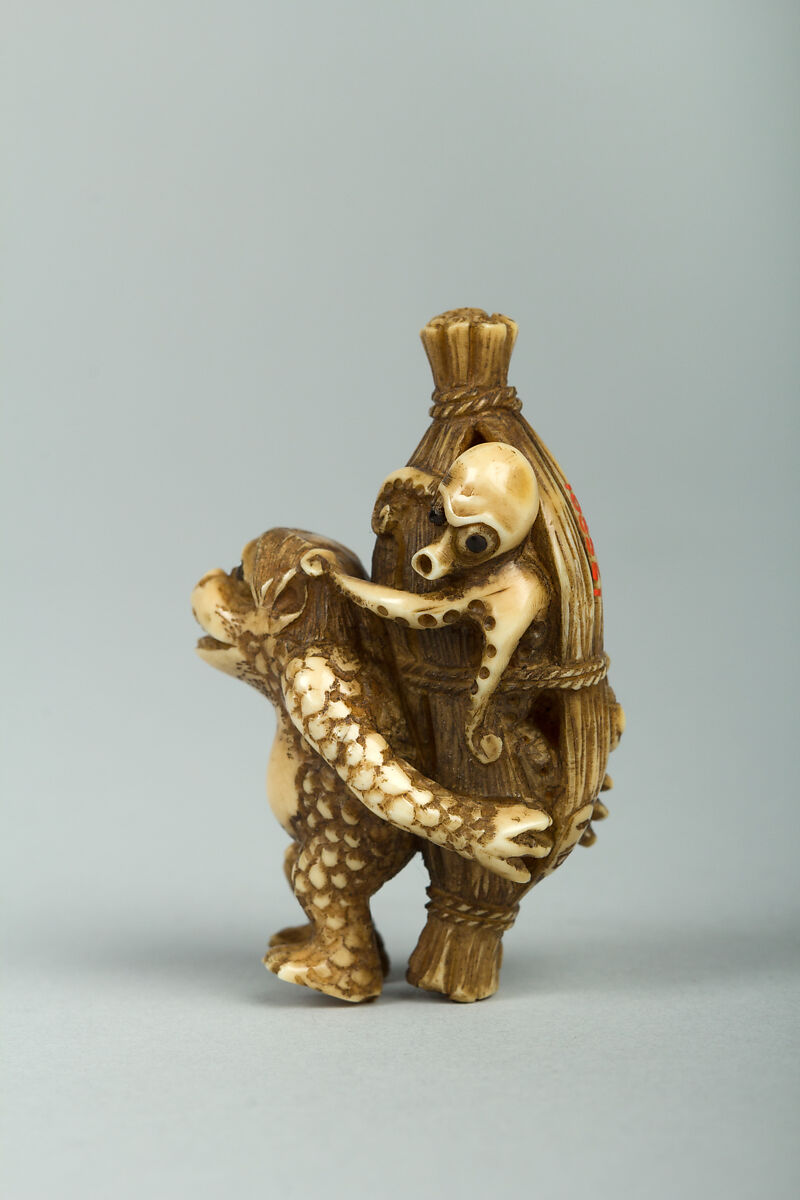 Netsuke of Monkey Carrying an Octopus Bound in Bamboo on His Back, Ivory, Japan