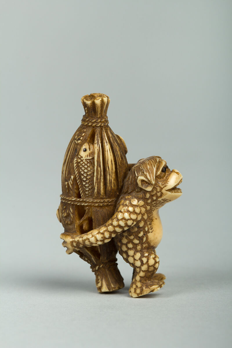 Netsuke of Monkey Carrying an Octopus Bound in Bamboo on His Back, Ivory, Japan