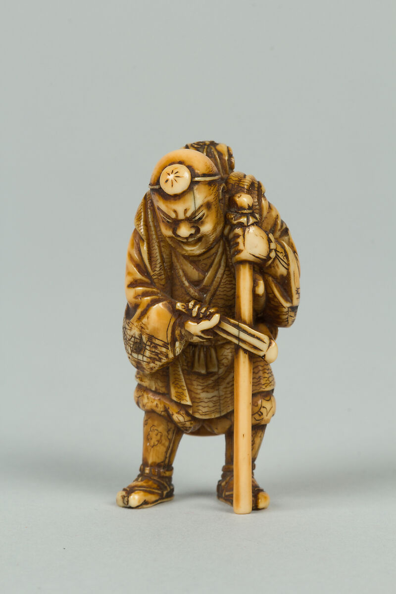 Netsuke of Old Man with a Pack on His Back, Ivory, Japan