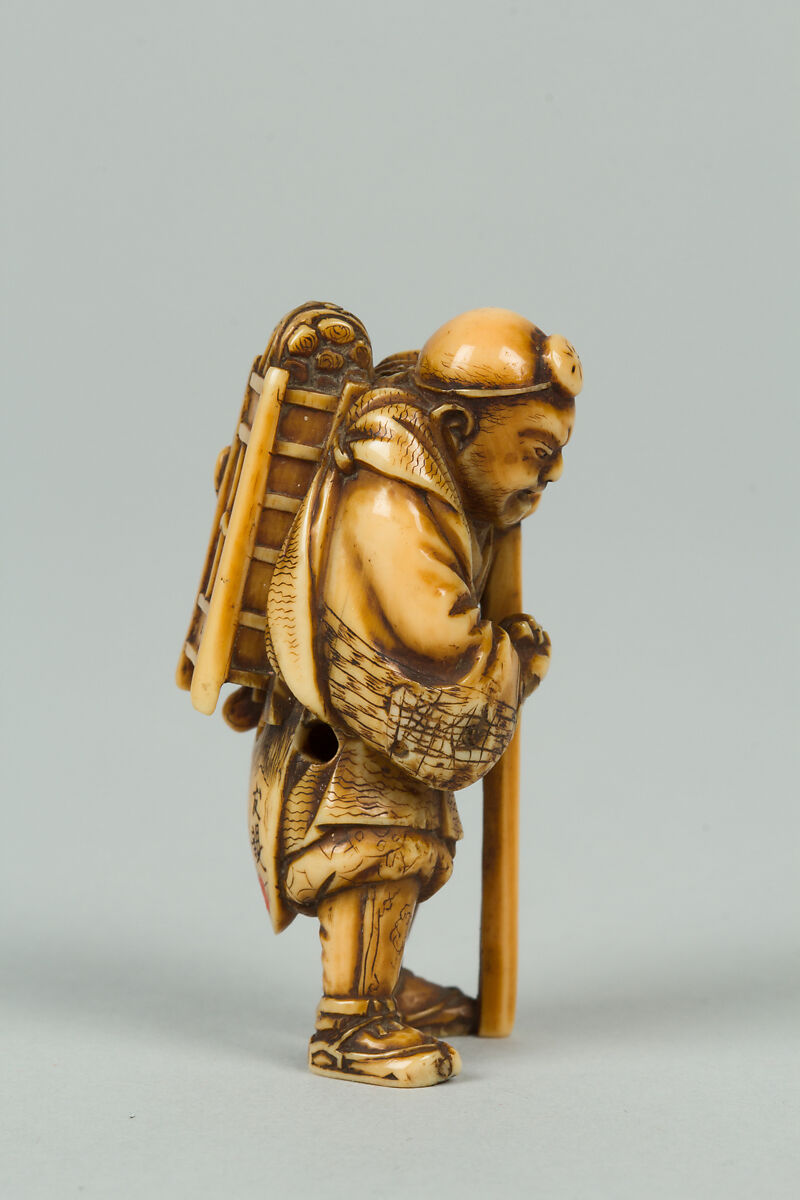 Netsuke of Old Man with a Pack on His Back, Ivory, Japan