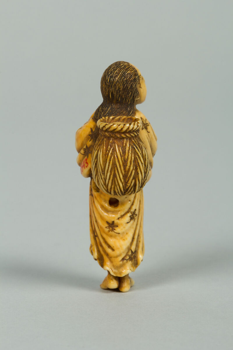 Netsuke of a Girl Carrying a Basket on her Back, Ivory, Japan