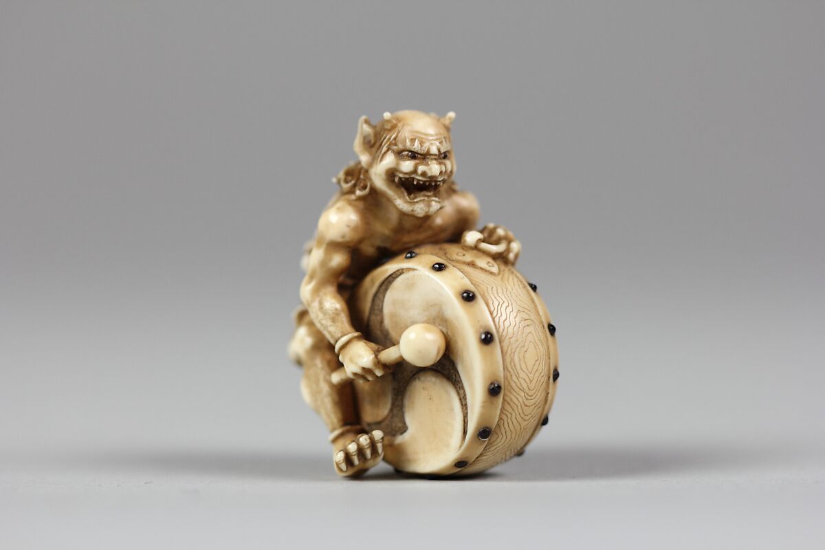 Netsuke of Demon with a Drum, Ivory, Japan 