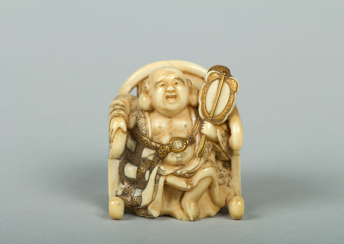 Netsuke of Hotei Seated in an Armchair, Ivory ornamented with lacquer, Japan 