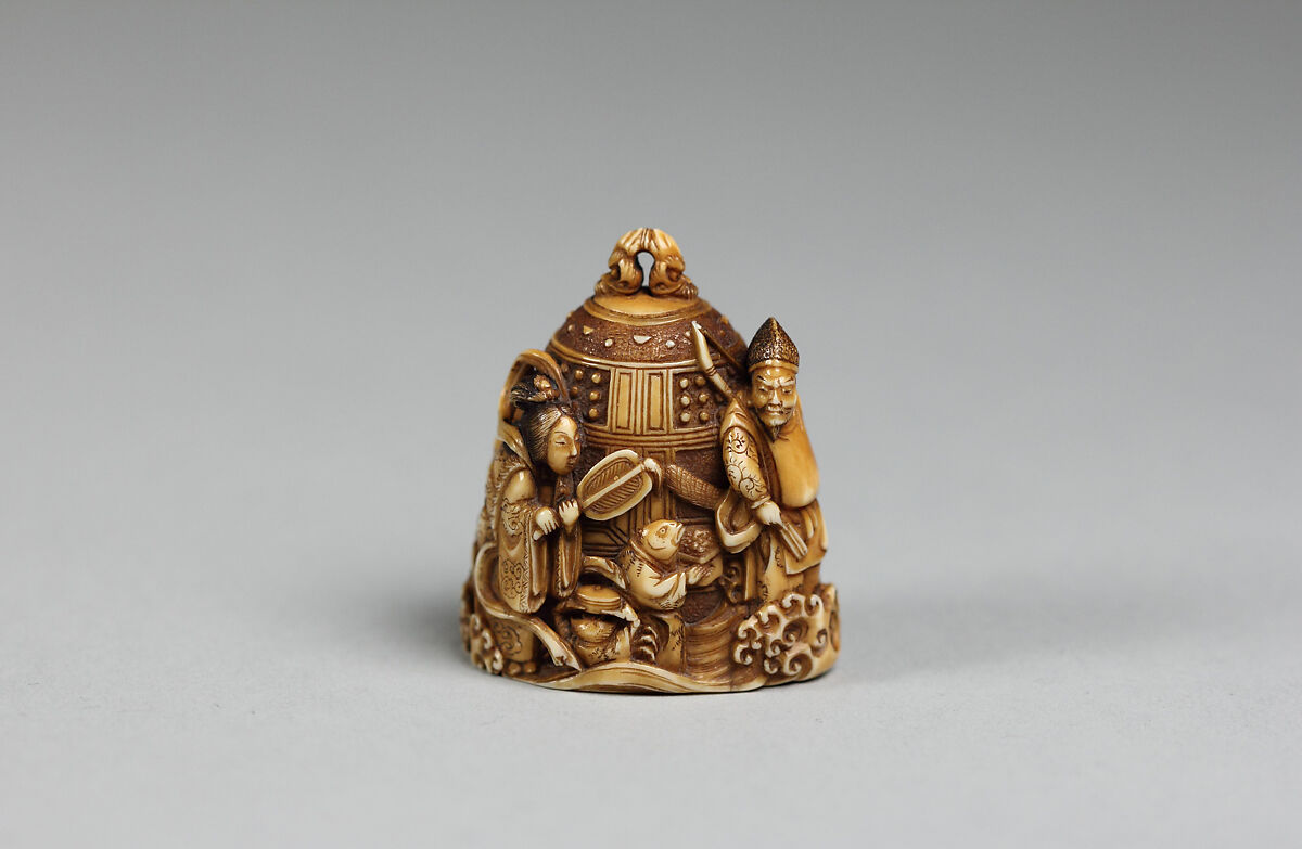 Netsuke in the form of a Bell Ornamented with Waves and Figures, Ivory, Japan 