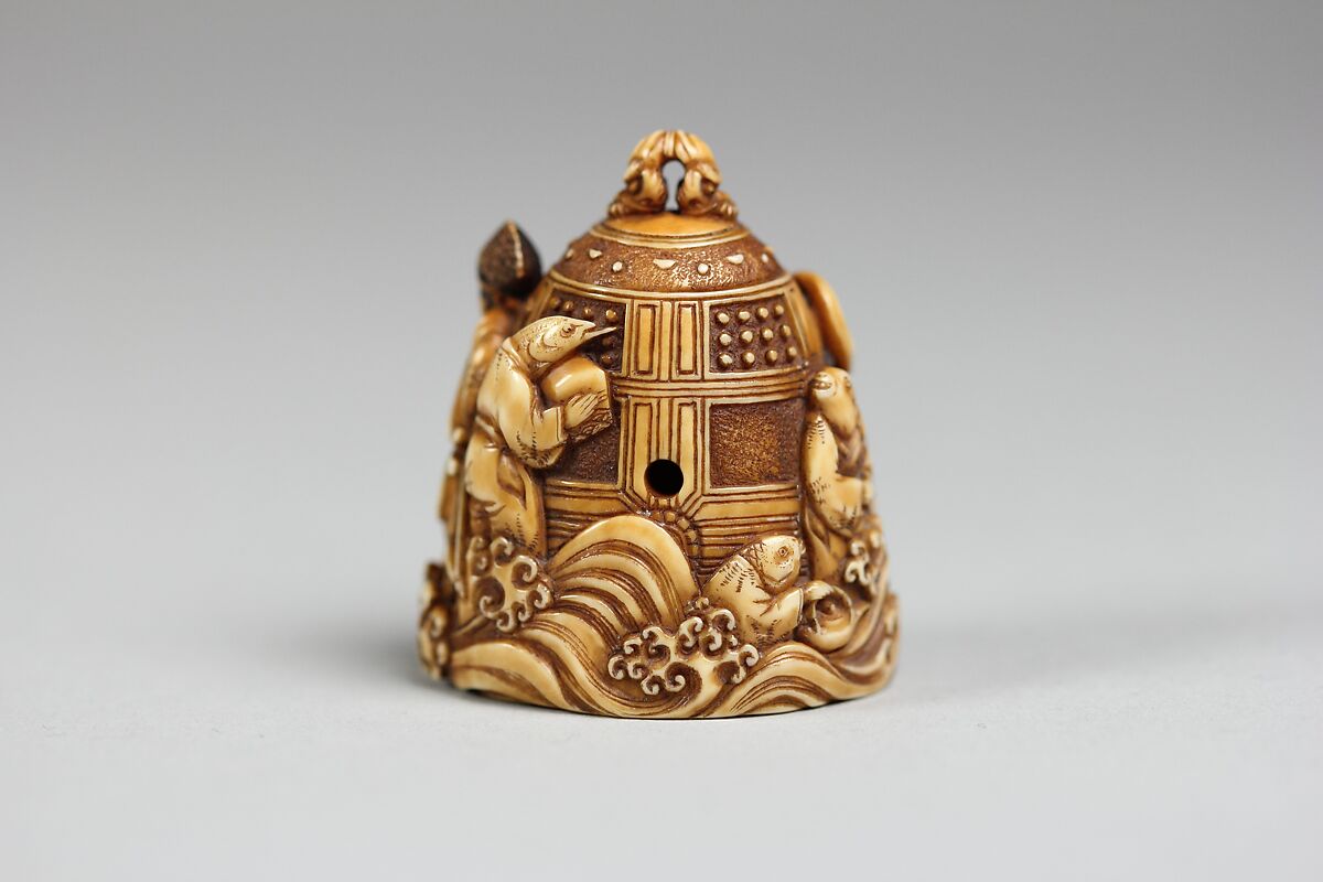 Netsuke in the form of a Bell Ornamented with Waves and Figures, Ivory, Japan