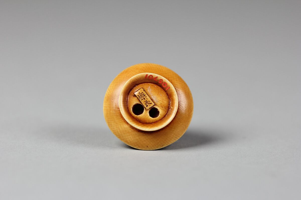 Netsuke of Fukurokujin, Hotei and Benten in Sake Dish, Ivory, Japan