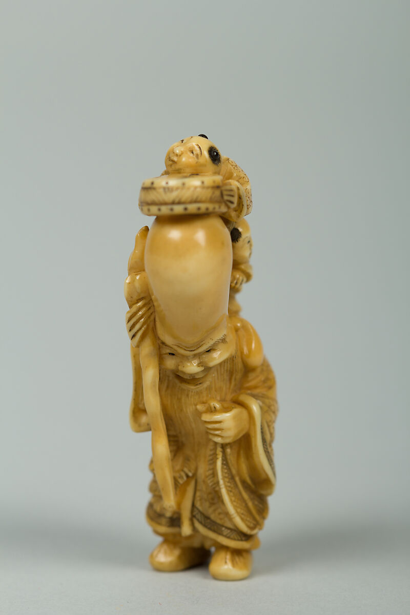 Netsuke of Fukurokujin with Tall Head and Two Children Climbing on It, Ivory, Japan 