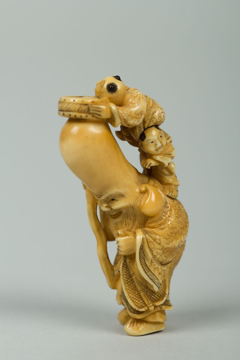 Netsuke of Fukurokujin with Tall Head and Two Children Climbing on It, Ivory, Japan