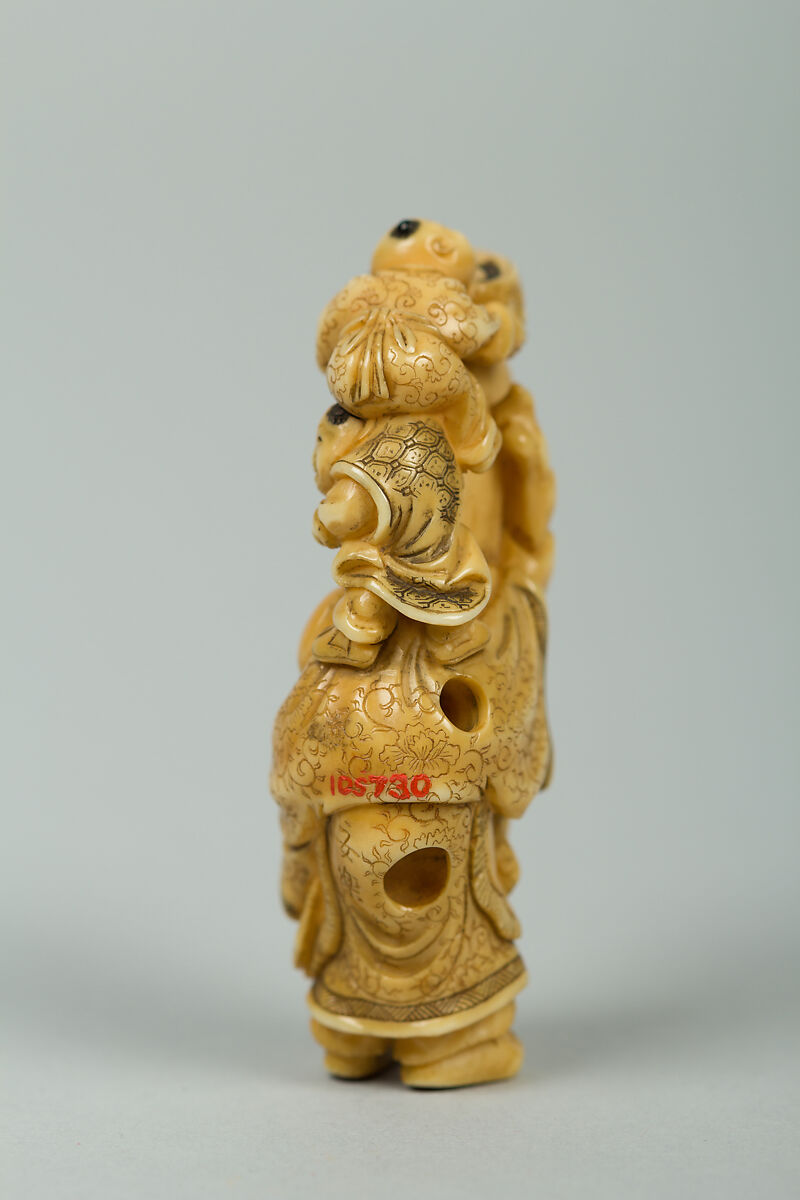 Netsuke of Fukurokujin with Tall Head and Two Children Climbing on It, Ivory, Japan