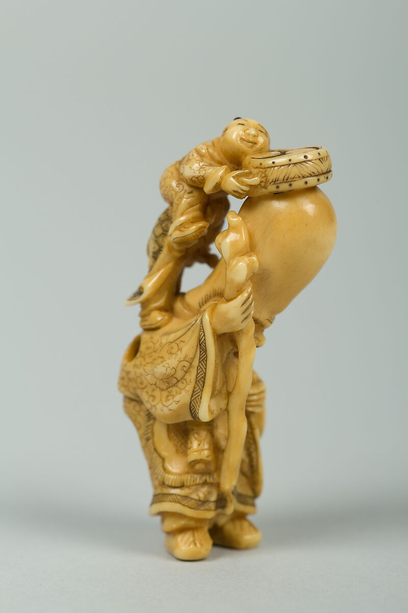 Netsuke of Fukurokujin with Tall Head and Two Children Climbing on It, Ivory, Japan