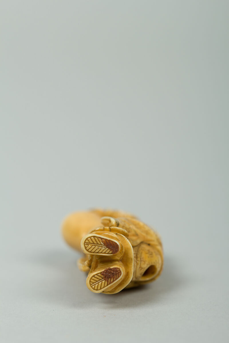 Netsuke of Fukurokujin with Tall Head and Two Children Climbing on It, Ivory, Japan