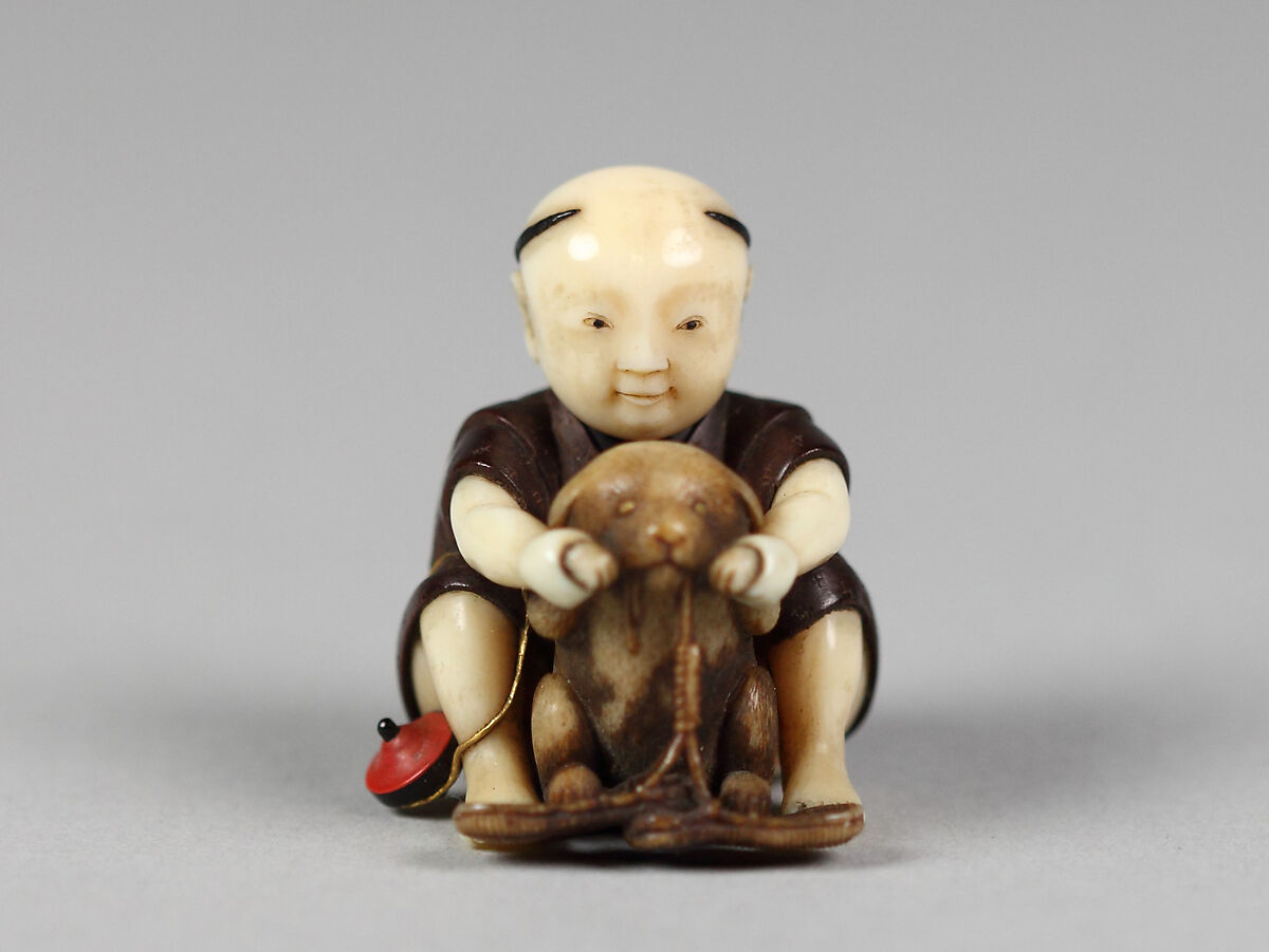 Netsuke of Boy Playing with a Dog, Wood and ivory, Japan 