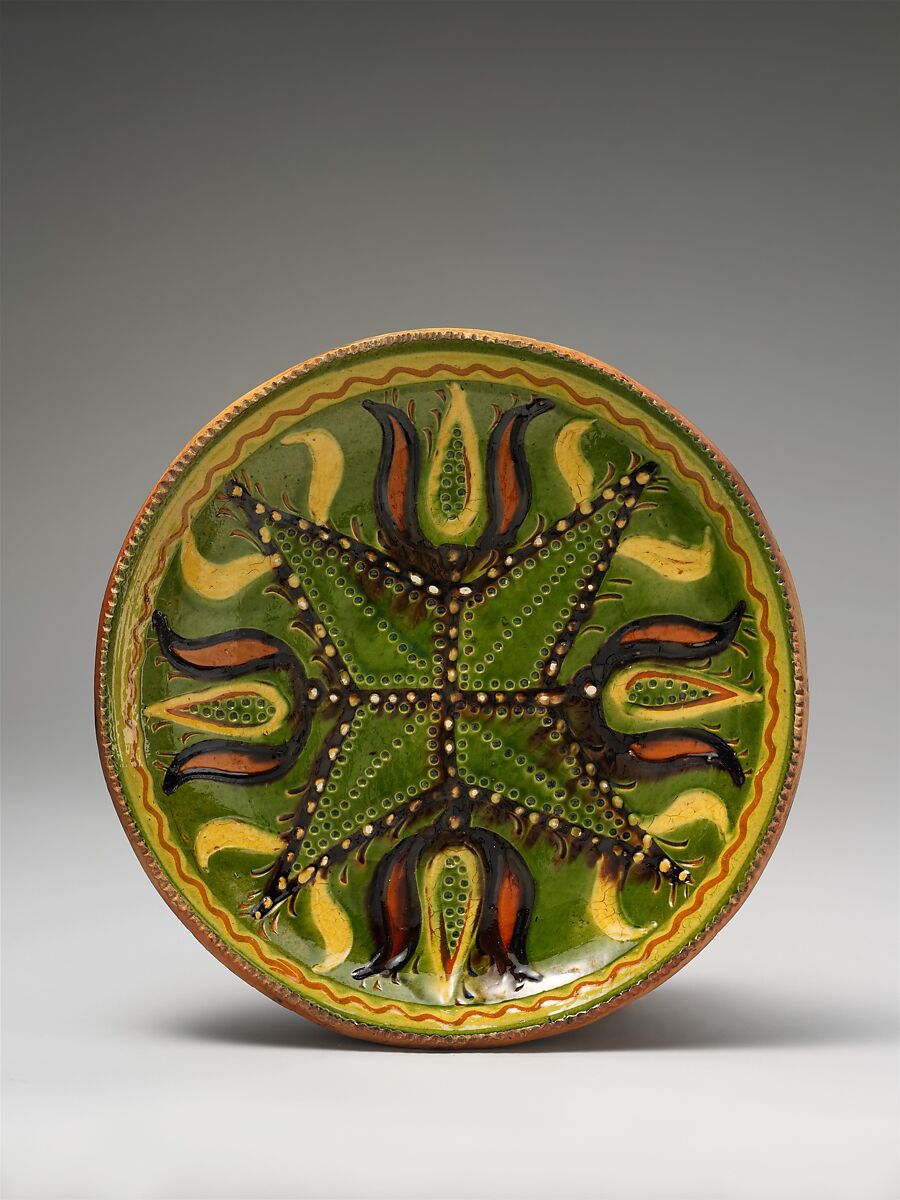 Plate, Attributed to Solomon Grimm (1787–1847), Earthenware; Redware with sgraffito and slip decoration, American 