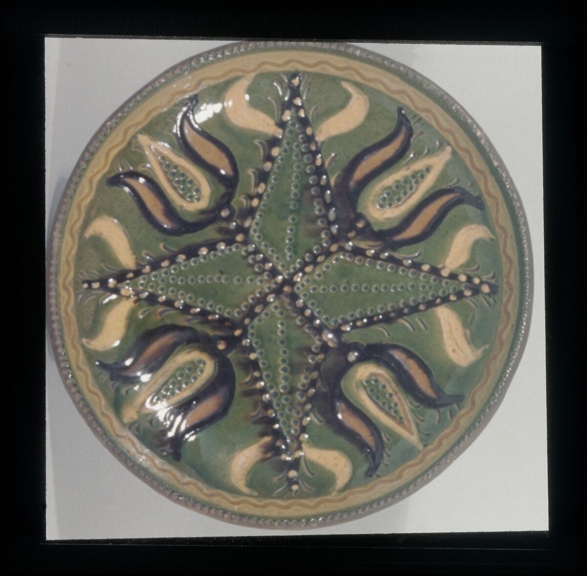 Plate, Attributed to Solomon Grimm (1787–1847), Earthenware; Redware with sgraffito and slip decoration, American