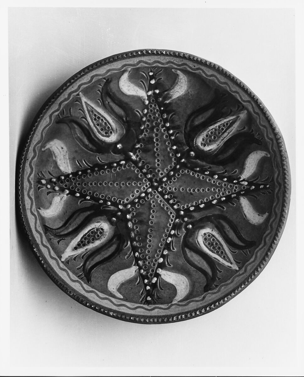 Plate, Attributed to Solomon Grimm (1787–1847), Earthenware; Redware with sgraffito and slip decoration, American