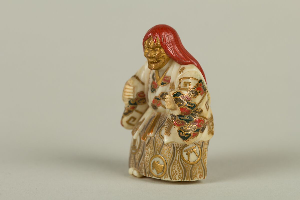 Netsuke of Shakkyō Dancer, Ivory with gold, silver, and color hiramaki-e, Japan