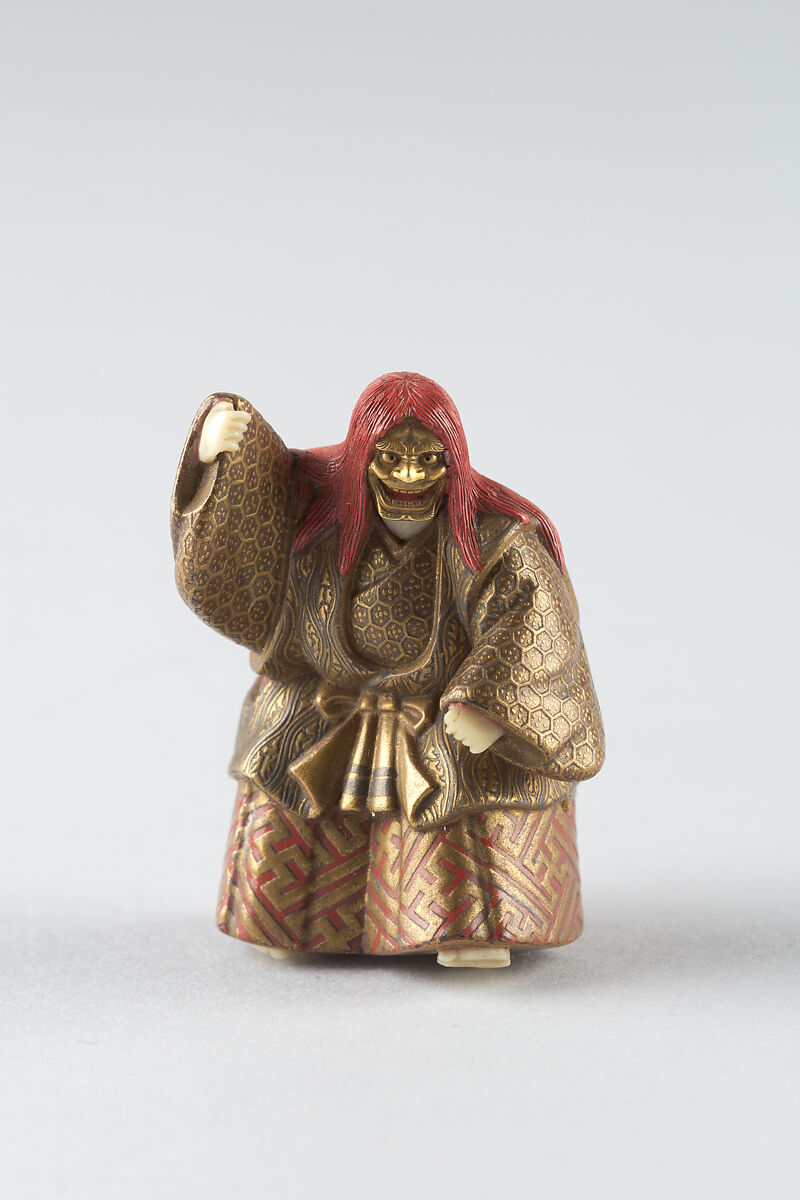 Netsuke of Shakkyō Dancer, Ivory and lacquered wood with gold and color hiramaki-e, Japan 