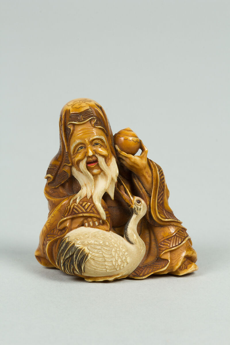 Netsuke of Old Man and Stork, Ivory, Japan 