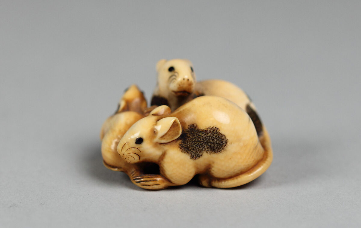 Netsuke of Three Rats, Nagahisa, Ivory, Japan 