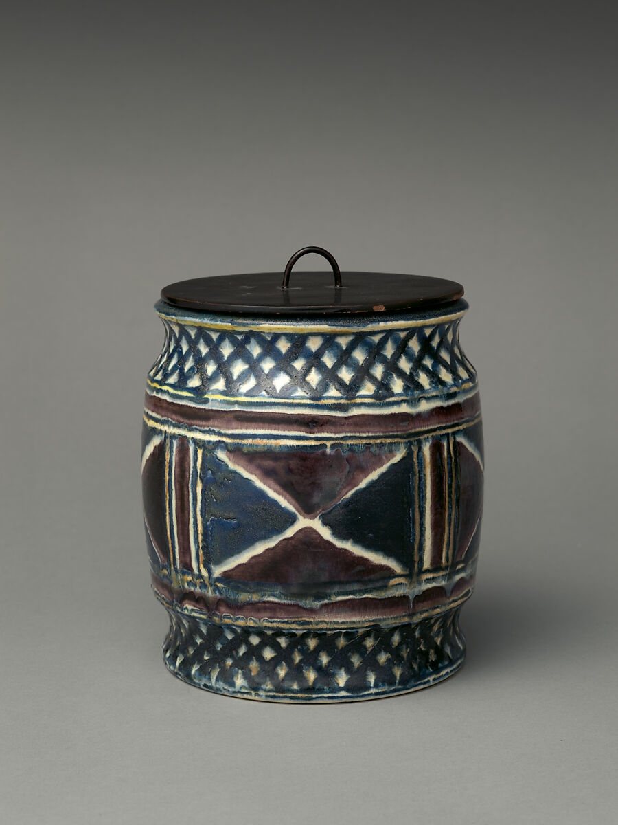 Freshwater Jar (Mizusashi), Ogata Ihachi  Japanese, Stoneware with polychrome underglazes (Kyoto ware); wood with black lacquer lid, Japan