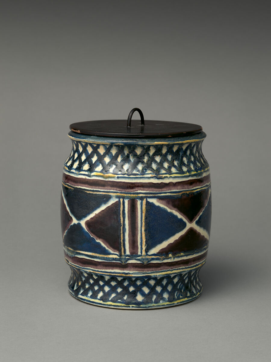 Freshwater Jar (Mizusashi) with Geometric Patterns, Ogata Ihachi (Kyoto Kenzan II) (Japanese, active ca. 1720–1760), Stoneware with polychrome enamels under transparent glaze (Kyoto ware); wood with black lacquer lid, Japan