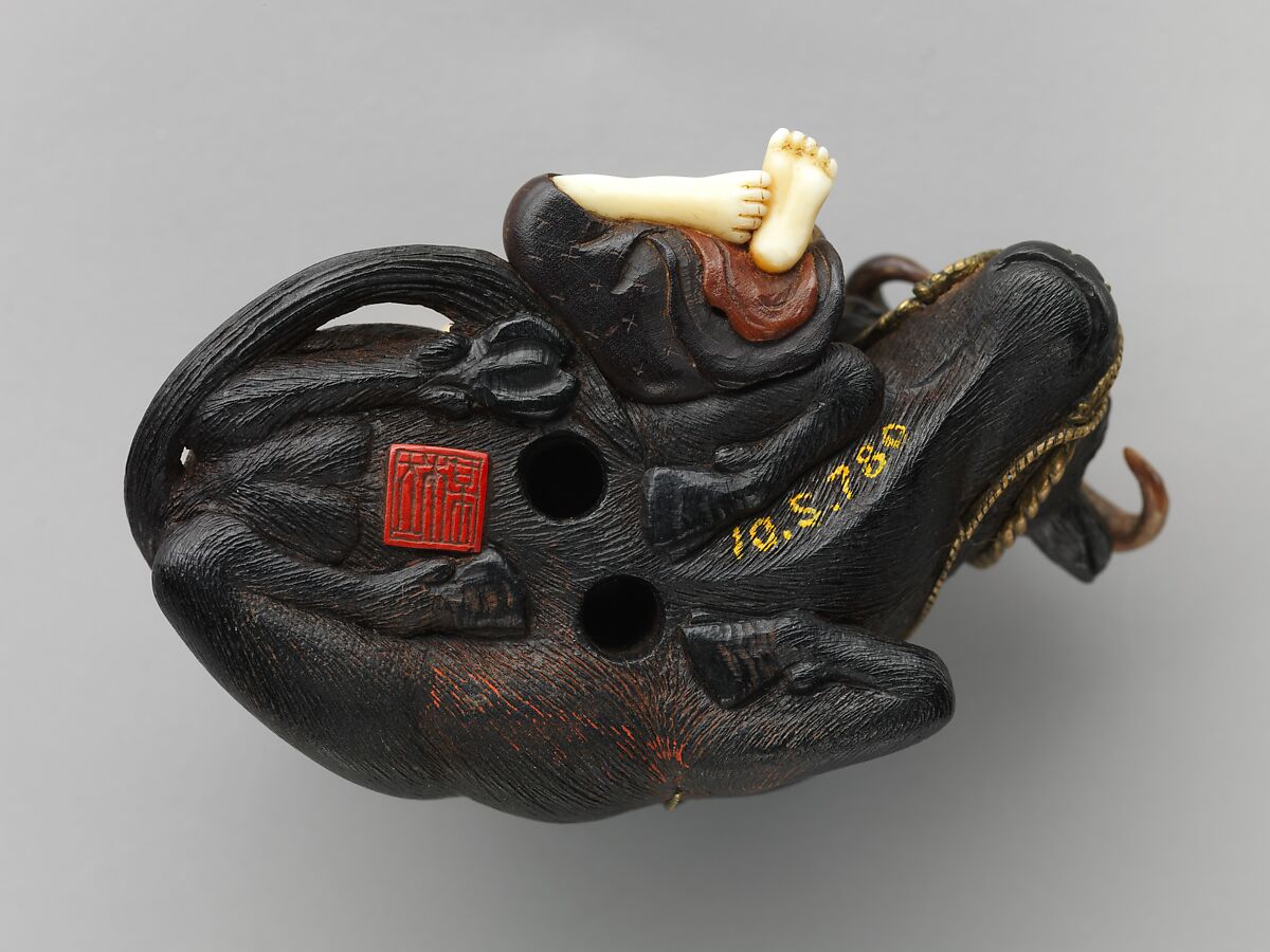 Netsuke of Ox with Bokudo, Wood and ivory, Japan
