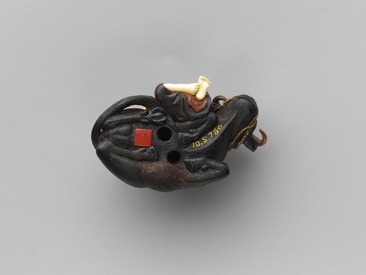 Netsuke of Ox with Bokudo, Wood and ivory, Japan