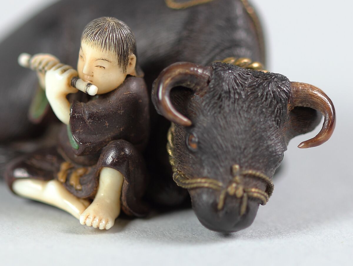 Netsuke of Ox with Bokudo, Wood and ivory, Japan