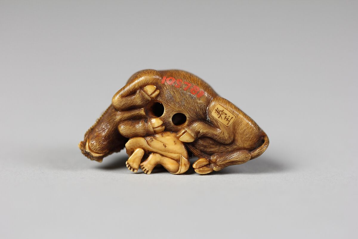 Netsuke of Ox with Bokudo, Ivory, Japan
