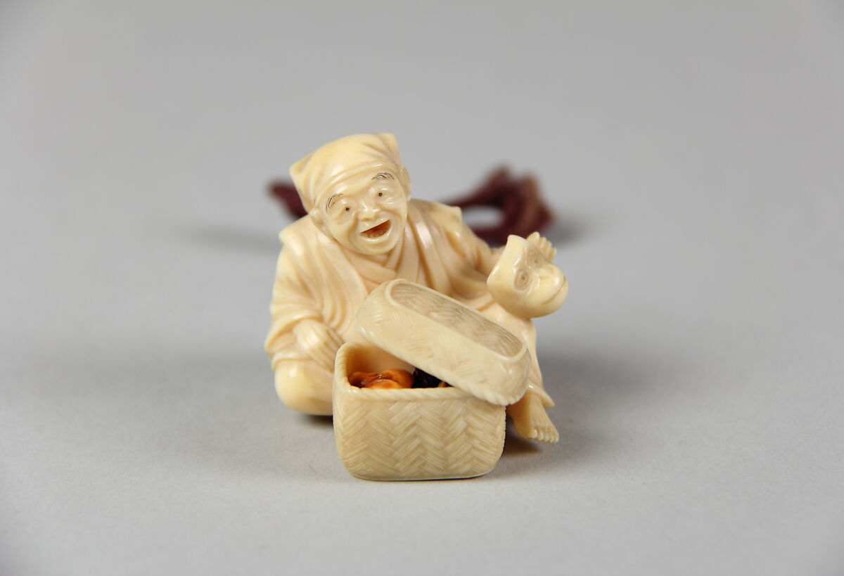 Netsuke of Old Man with a Basket Containing Four Miniature Ivory Masks, Ivory, Japan 