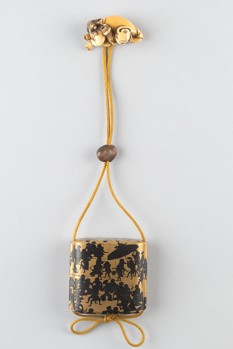 Netsuke of a Man Sleeping while Monkey Steals Contents of Basket, Ivory, Japan